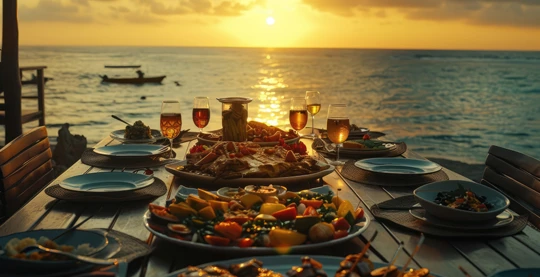 Dîner dans une taverne improvisée en bord de mer