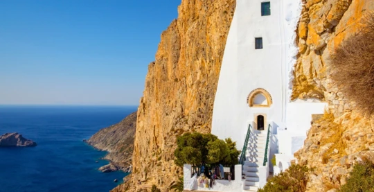 Endless blue Aegean, Hozoviotissa Monastery and the whitewashed main town (Chora)